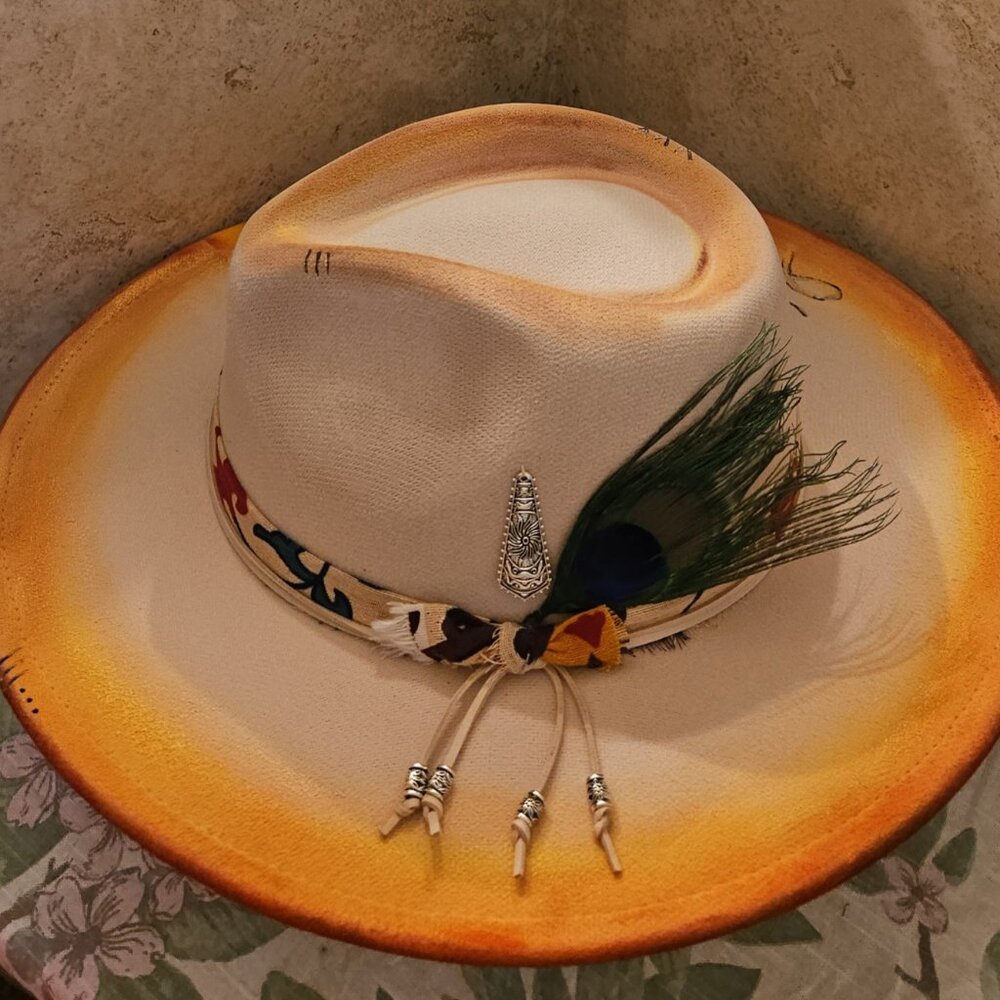 Custom Fedora Hat Beige with Burned designs  Adjustable New - Picture 2 of 3